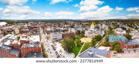 Aerial panorama of Concord and the New Hampshire State House along Main street. The capitol houses the New Hampshire General Court, Governor, and Executive Council. Royalty-Free Stock Photo #2377816949