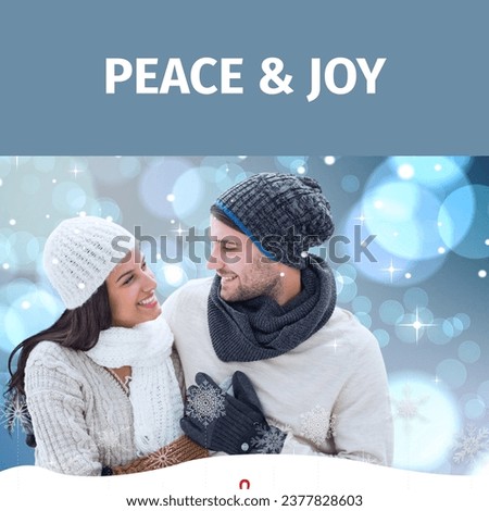 Composite of peace and joy text over caucasian couple in winter hats. December, christmas, tradition, celebration and winter concept digitally generated image.
