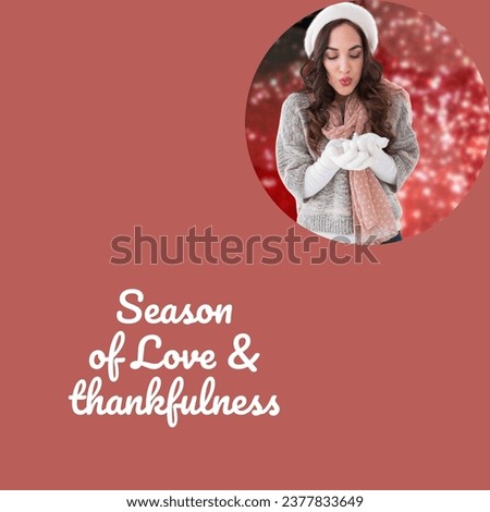 Season of love and thankfulness text and biracial woman holding christmas snowflakes. Celebration of winter, seasonal greeting and christmas traditions, digitally generated image.