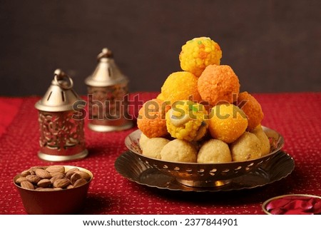 Diwali sweets Gujiya barfi Motichoor Laddu Indian sweet dessert mithai festival dish Dussehra Holi ganesh chaturthi Ram navami Durga puja durga ashtami Navratri Mumbai Kerala India Sri Lanka Royalty-Free Stock Photo #2377844901