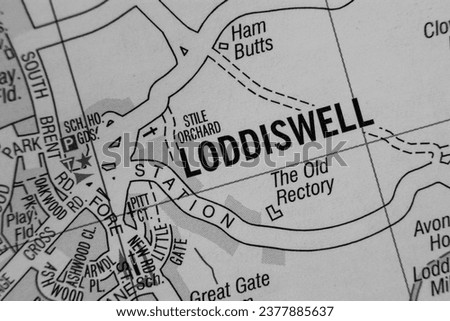 Loddiswell, Devon, England, United Kingdom atlas map town name in black and white