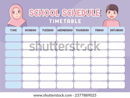 Printable template school schudule timetable class with kids muslim vector illustration Royalty-Free Stock Photo #2377889025