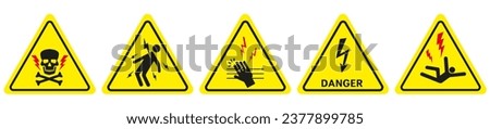 High voltage sign. Triangular yellow electrical hazard signs. Vector illustration. EPS 10. Royalty-Free Stock Photo #2377899785