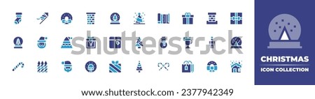 Christmas icon collection. Duotone color. Vector and transparent illustration. Containing christmas sock, christmas tree, snowglobe, tree, candy cane, christmas, chimney, necklace, nutcracker, wreath.