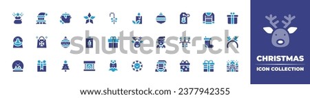 Christmas icon collection. Duotone color. Vector and transparent illustration. Containing chimney, christmas ball, gift, star, sweater, gift bag, girl, reindeer, christmas card, christmas sock.
