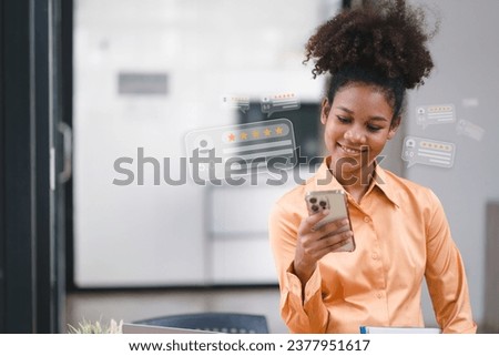 African American customer providing five satisfaction ratings. Customer review satisfaction feedback survey concept Royalty-Free Stock Photo #2377951617