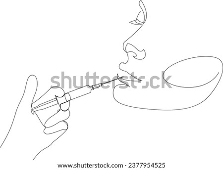 Continuous line drawing of beauty shot in lips. Gloved hand holding syringe for lip botox injection contour illustration. Beauty procedure concept. Royalty-Free Stock Photo #2377954525