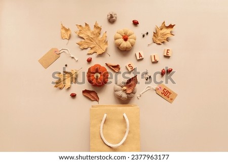 Flat lay composition for seasonal autumn Thanksgiving sale with paper bag, knitted pumpkins and dry leaves and inscription Autumn Sale on beige background. Top view