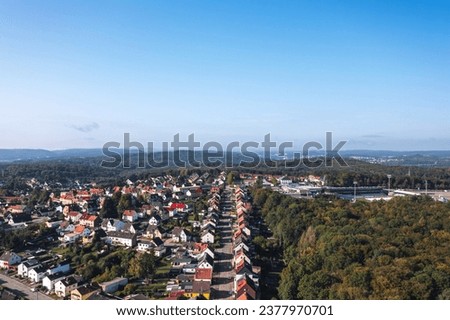Aerial autumn skyline cityscape of Spiesen-Elversberg, Neunkirchen, Saarland, Germany