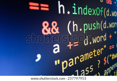 Programming code abstract screen of software developer. Computer script. Blue color.