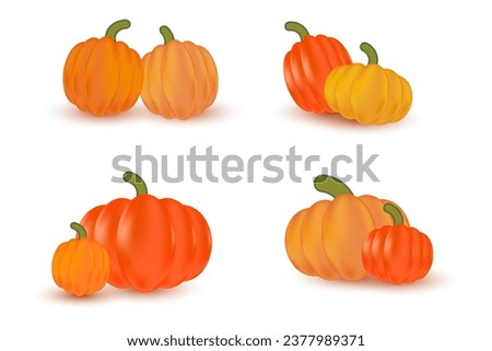 Cute shiny pumpkins isolated. Realistic 3d pumpkin elements to decorate your project. Orange, yellow pumpkin set.