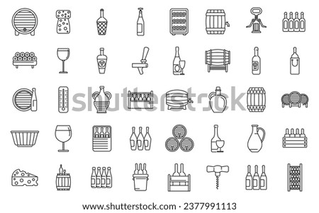 Wine cellar icons set outline vector. Barrel keg. Cellar wine rack Royalty-Free Stock Photo #2377991113