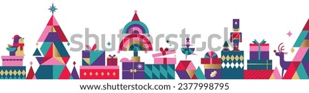 Merry Christmas, Season's Greeting and Happy New Year vector illustration for greeting cards, posters, banner, holiday cover in modern minimalist geometric style.