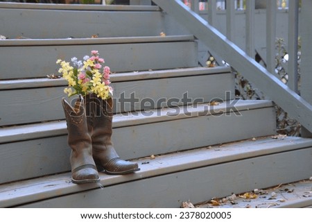 A decorative print for a farmhouse or office. It's a calming photo of a peaceful setting of a pair of cowboy boots on a staircase on a beautiful fall day. Very pleasing to the eyes.