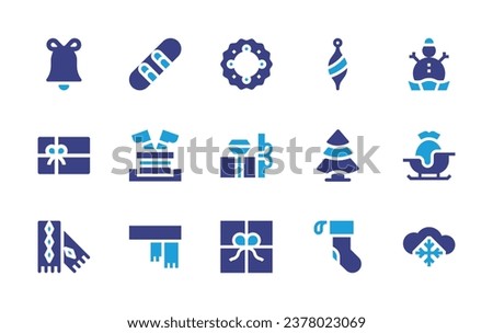 Christmas icon set. Duotone color. Vector illustration. Containing christmas wreath, gift, christmas bell, christmas ornament, pine tree, scarf, sock, snowboard, snowman, santa, sleigh, snow.