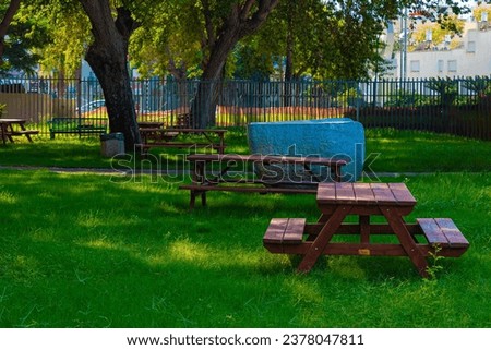 Wooden tables in the park
