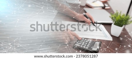 Female hands using calculator. concept of finance and economy; panoramic banner