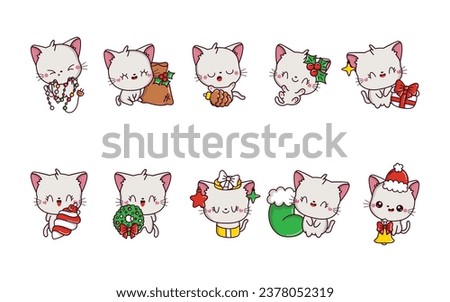 Set of Vector Christmas White Cat Illustrations. Collection of Kawaii Isolated Christmas Animal Art for Stickers. 