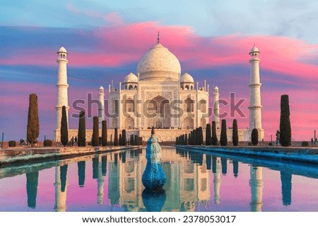 Taj Mahal main view on the sunset, famous marble mausoleum of Agra, Uttar Pradesh, India Royalty-Free Stock Photo #2378053017