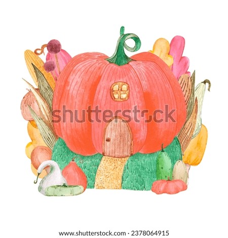 Hand drawn watercolor autumn pumpkin house composition isolated on white background. Can be used for invitation, Scrapbook, poster, label, banner and other printed products