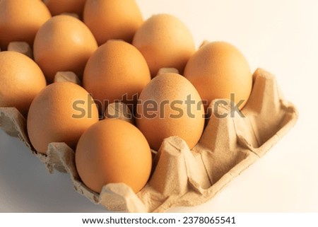 Picture of several chicken eggs in a cardboard egg panel. Placed on the table.