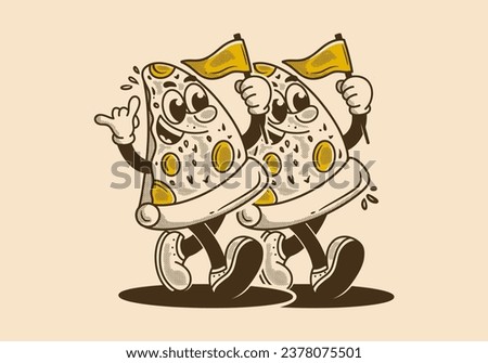 Vintage mascot character illustration of walking pizza, holding a flag