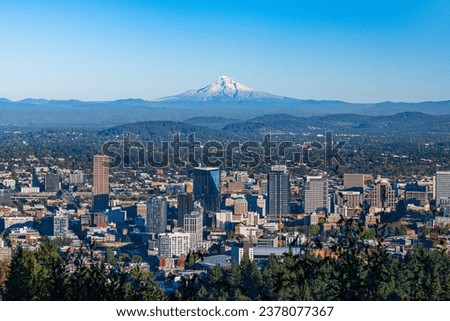 Portland., Oregon, on a fall afternoon, with Mt. Hood towering in the background.