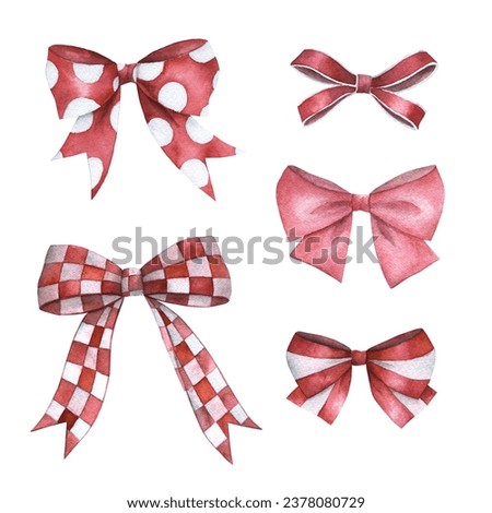 Watercolor set of isolated red  bows on white background. Ribbons collection. Hand drawn sketch illustration