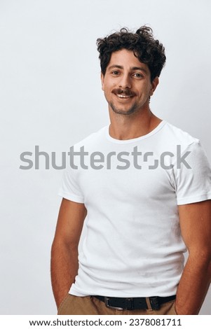 Fashion man happiness caucasian idea lifestyle t-shirt person white hipster background portrait isolated emotion smile