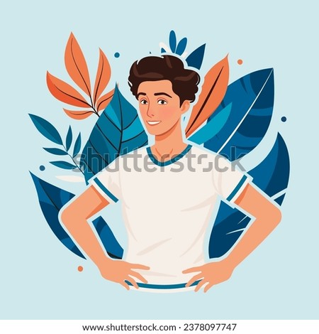 Sporty happy handsome teenage boy portrait in summer athletic T-shirt. Young confident man in sportswear, akimbo hands position. Health, youth, fitness cartoon illustration on botanical background Royalty-Free Stock Photo #2378097747