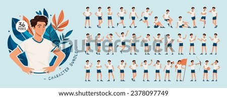 Sporty teenage, handsome brunette boy character set, sport bundle. Young man in lively, energetic poses, athletic skills demonstration, hobby or dynamic recreational activity kit. Vector cartoon Royalty-Free Stock Photo #2378097749
