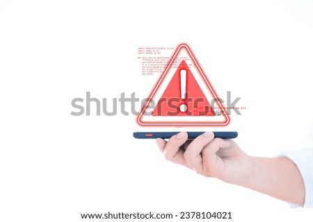 Mixed photo of mobile phone graphic, smartphone and red alert icon, cyber attack prevention concept.
