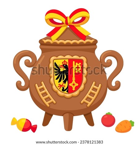 Fête de L'Escalade traditional festival in Geneva, Switzerland. Chocolate cauldron with marzipan and candy. Cartoon vector clip art illustration.