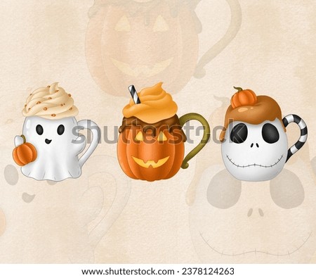 halloween pumpkin and cup, jack o lantern cup, Halloween set, Halloween food clip art, spooky season, pumpkin latte, ghost, cocoa in cup, Halloween clip art