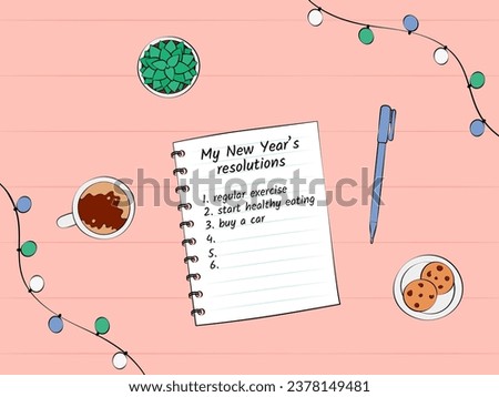 New Year resolutions. Notebook top view with goals list for next year. Workplace with succulent plant, coffee cup, pencil and garlands. Vector illustration Royalty-Free Stock Photo #2378149481