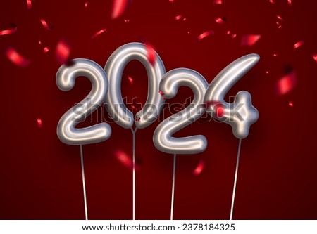 New Year 2024 background with silver inflated balloon numbers with red foil defocused confetti. Vector illustration.