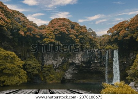 The Famous Chunjeyun waterfall in JeJu Do Island in Korea. This picture could be use in promoting the place.