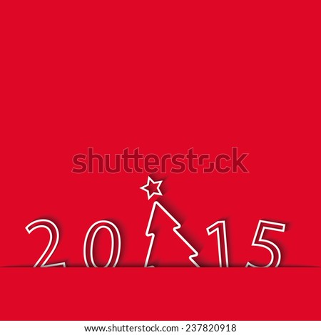 New Year 2015, Christmas tree in the cut paper. Template for card on the red background.