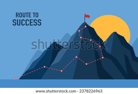 Route to success on blue dark background.Mountain path to the top form lines and dots. Investment business ideas to success goal.