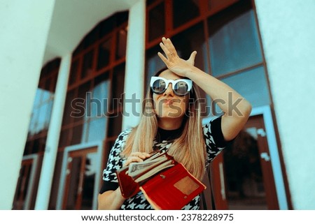 
Forgetful Woman Holding a Wallet Full of Cash. Shopaholic girl feeling regret after buying to many things 
 Royalty-Free Stock Photo #2378228975