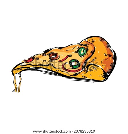 Pizza slice with dripping cheese. Vector Illustration. Vector clip art illustration with simple brush strokes.