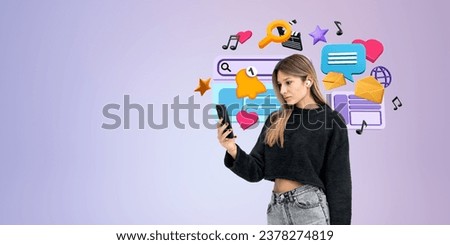 Serious young woman having a mobile video conference, looking at the phone. Colorful cartoon social media and internet icons on copy space background. Concept of online network