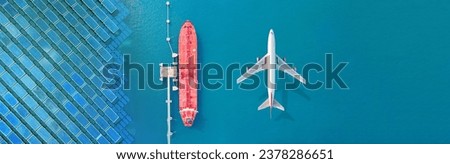 Pipeline transport. natural gas pipeline and solar hybrid of solar cells floating on the water in solar power station, solar photovoltaic, Air Transportation and freight transportation, Container ship Royalty-Free Stock Photo #2378286651