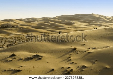 Abu Dhabi, UAE - December 2, 2014: Summer and afternoon view of tourists standing on sand dunes of desert at Qasr Al Sarab

