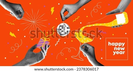 Happy new year 2024 design. With hands holding disco ball, champagne and sparkler. Colorful collage style illustrations. Vector design for poster, banner, greeting and new year 2024 celebration. Royalty-Free Stock Photo #2378306017