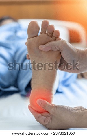 Heel pain illness or Plantar Fasciitis in feet of woman patient who having medical exam with orthopaedic doctor on aching tendon, inflammation or disorder of the connective tissue on foot and toe