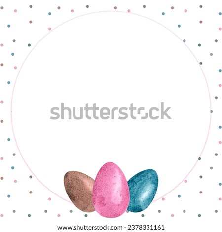 A holiday card with bright Easter eggs in blue, pink and brown colors on a background of multicolored confetti. Watercolor illustration. Template for packaging design, postcards, invitations