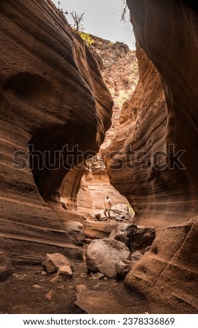 Young man in the canyon of Barranco de las Vacas in Gran Canaria Royalty-Free Stock Photo #2378336869