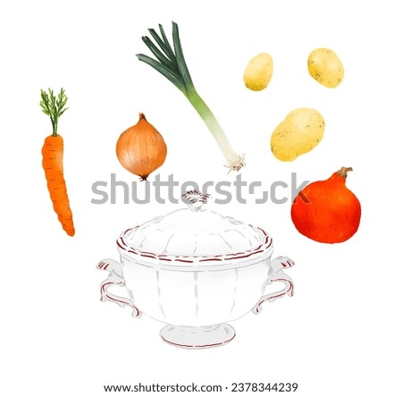 illustration of fall veggies with a soup bowl