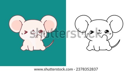 Kawaii Clipart Baby Mouse Illustration and For Coloring Page. Funny Kawaii Rat. Cute Vector Illustration of a Kawaii Animal for Stickers, Baby Shower, Coloring Pages. 